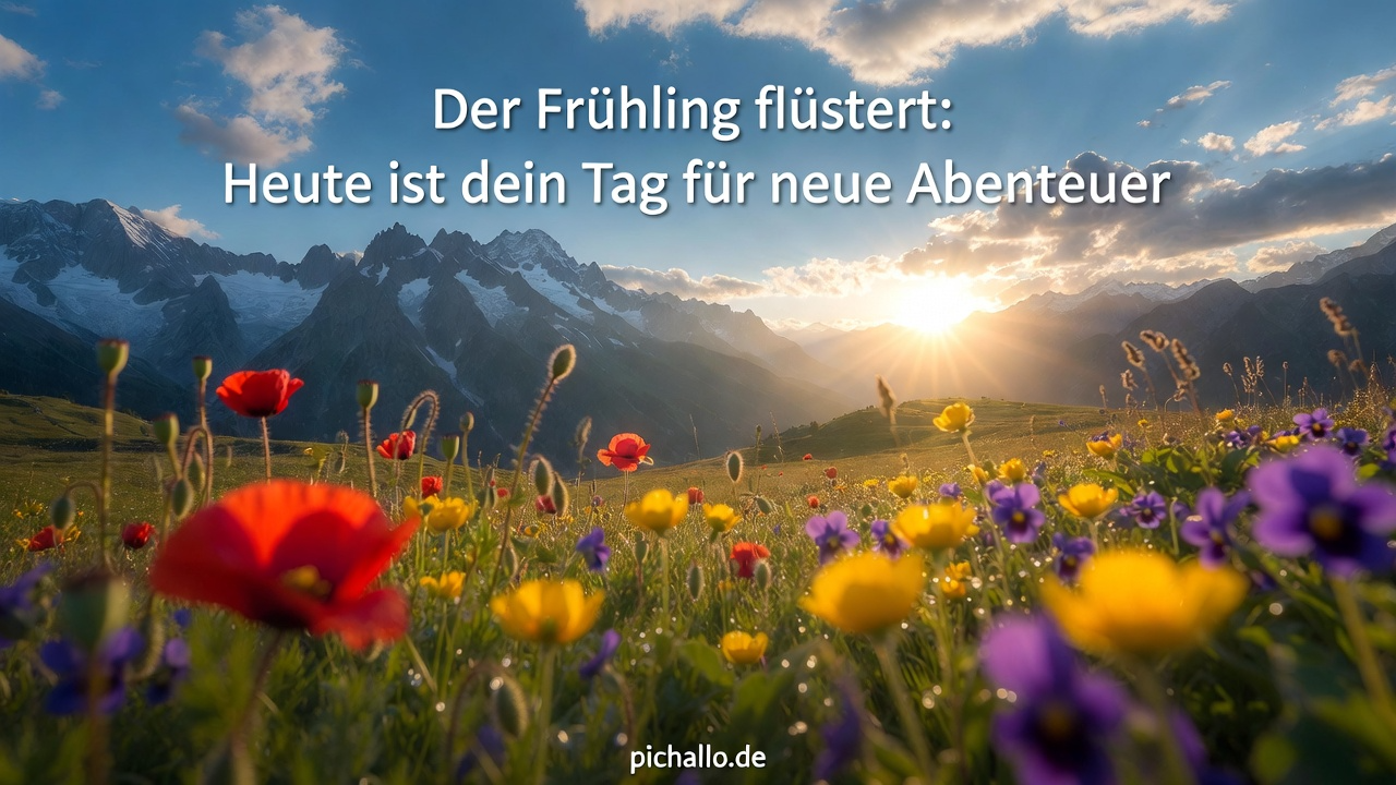 Bergwiese voller Wildblumen bei Sonnenaufgang
