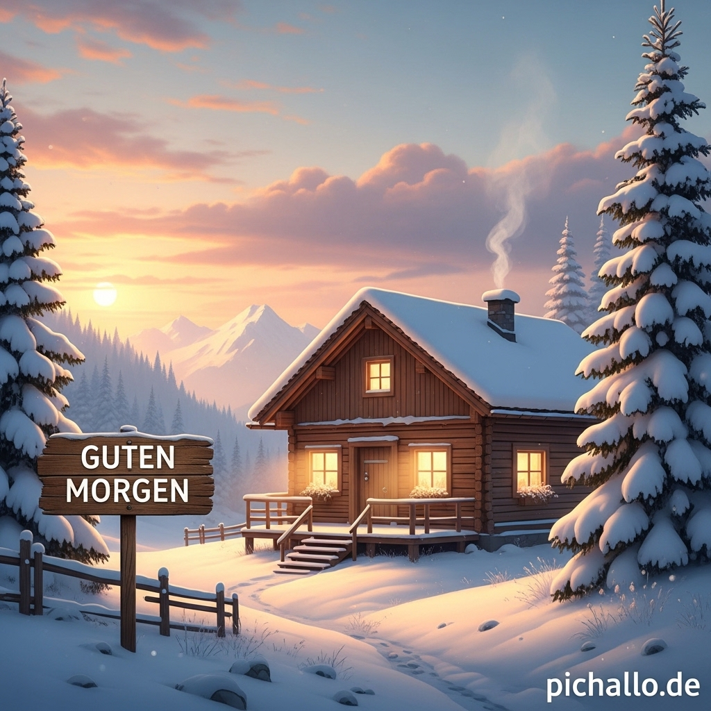 Besinnliche Winterhütte Bilder im Morgengrauen