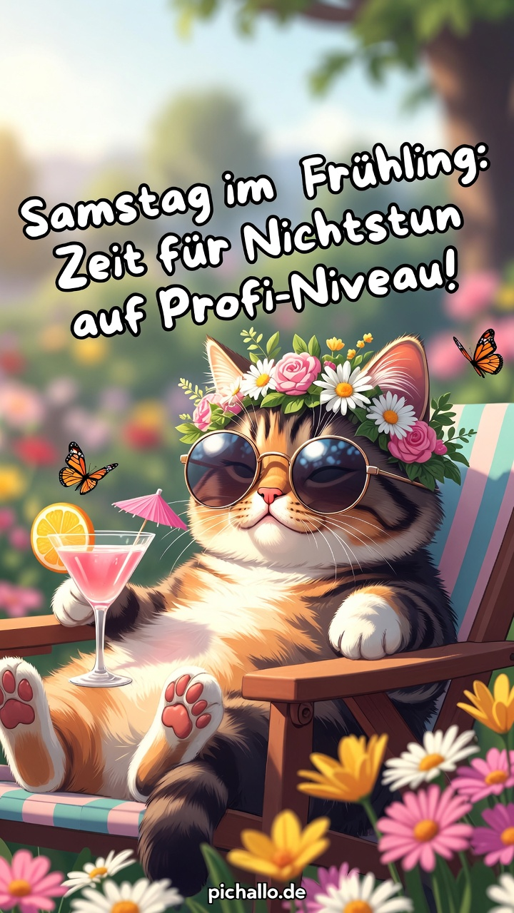 Cooler Kater mit Blumenkranz im Garten