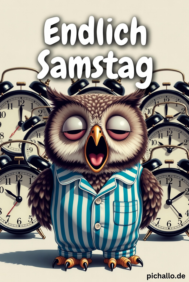 Eule im Pyjama mit ausgeschalteten Weckern Samstag Morgen