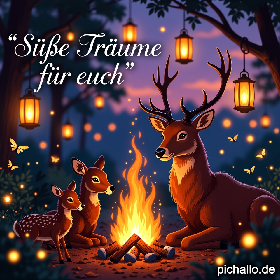 Fantasie Hirschfamilie Lagerfeuer Bilder