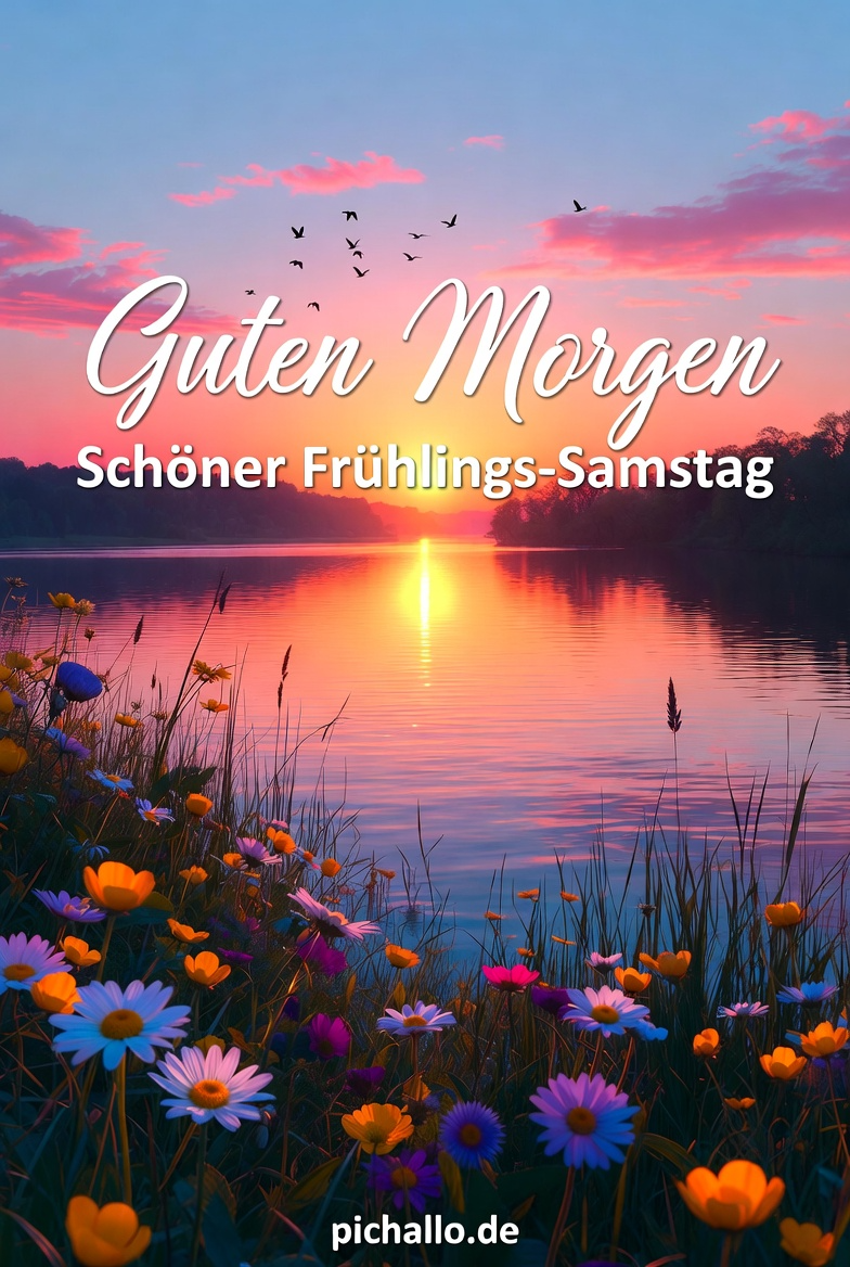 Friedlicher See mit Frühlingsblumen bei Sonnenaufgang