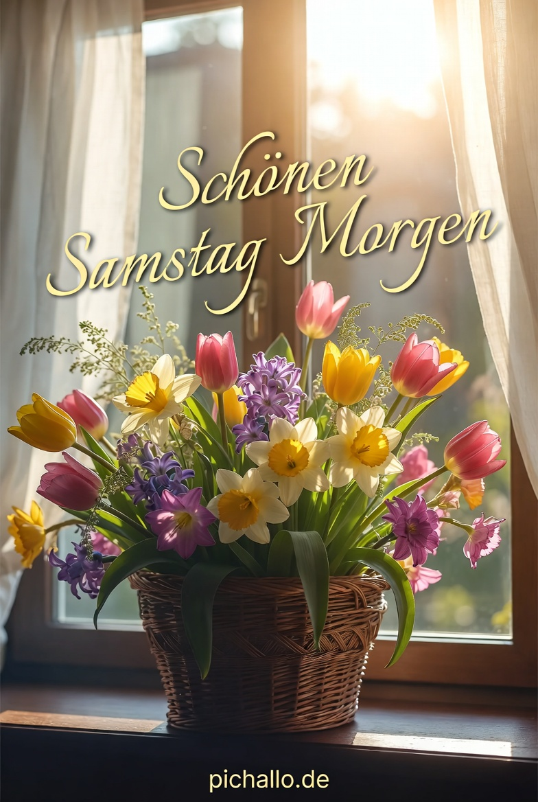 Fröhlicher Frühlingsblumenkorb Samstag Morgen