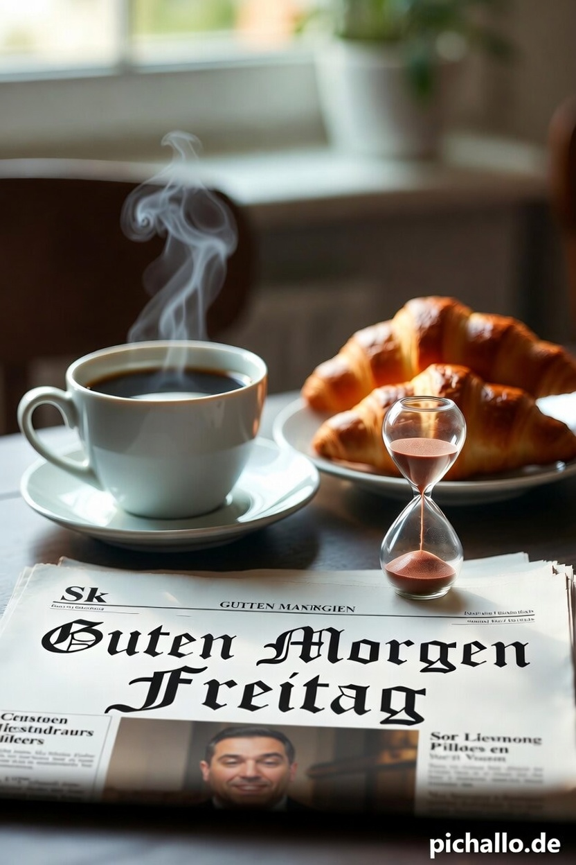 Frühstückstisch mit Zeitung und Sanduhr