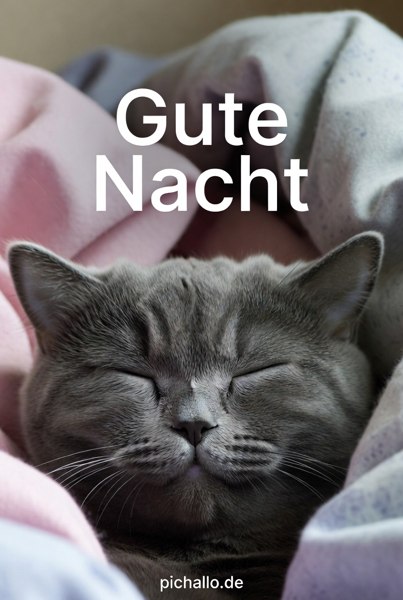 Gemütliche Gute Nacht Bilder mit grauem Kätzchen Nahaufnahme