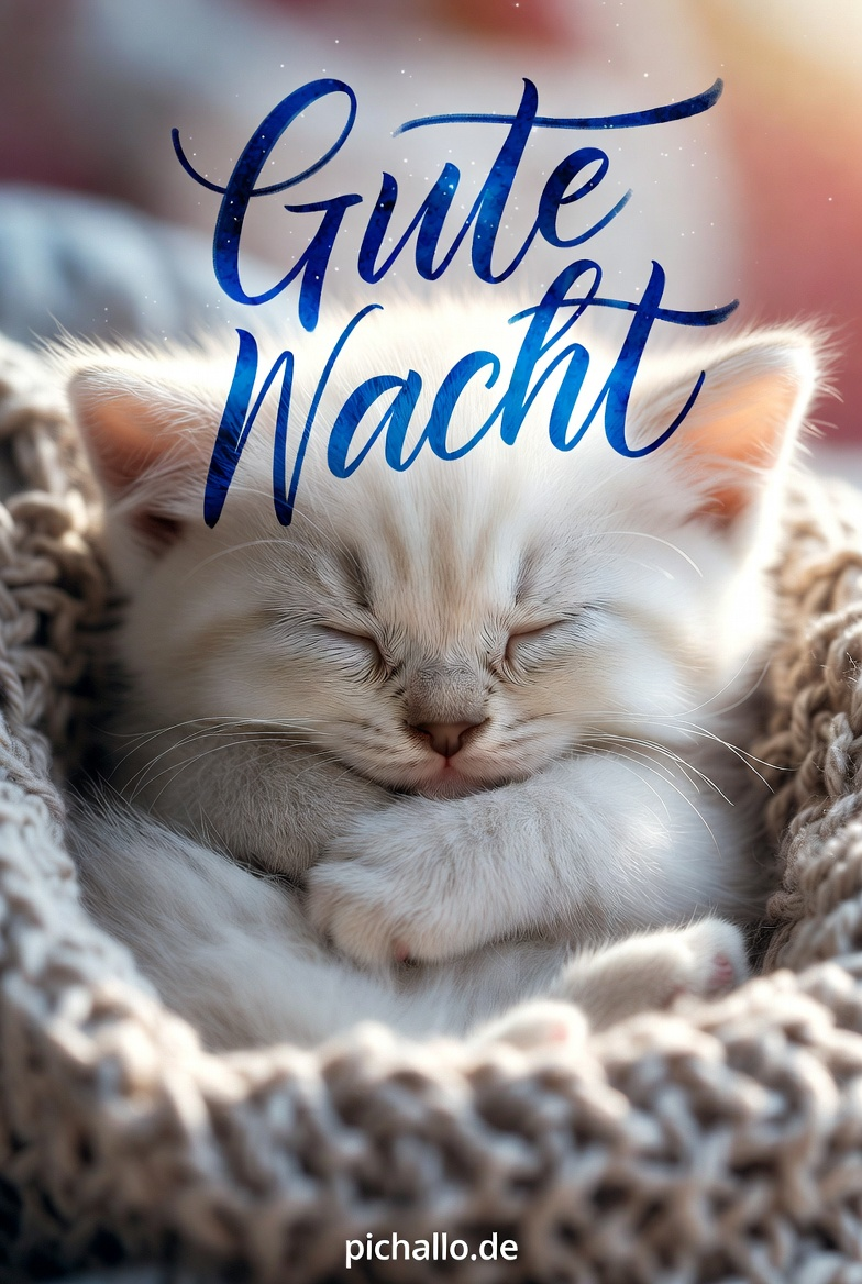 Gemütliche Gute Nacht Bilder mit schlafendem weißen Kätzchen