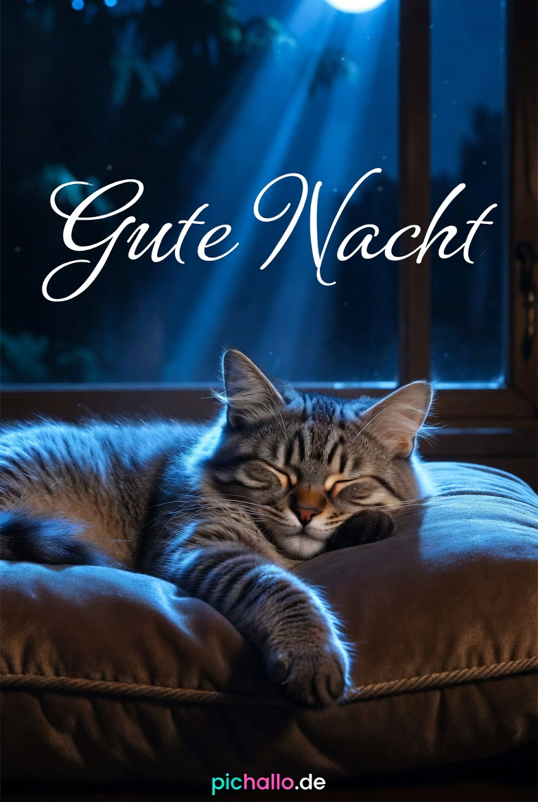 Gemütliche Gute Nacht Bilder mit schlafender Tabby Katze