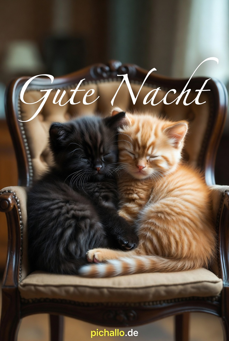Gemütliche Gute Nacht Bilder mit zwei Kätzchen im Herz