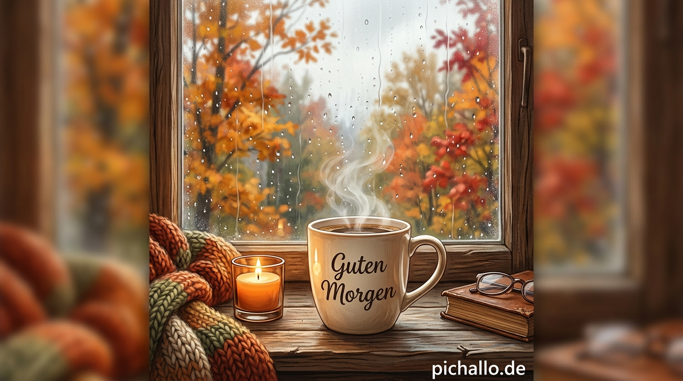 Gemütliche Kaffee Bilder am Herbstfenster