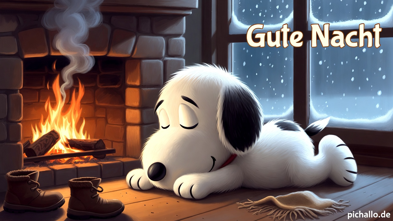 Gemütliche Snoopy am Kamin Schlafen Gute Nacht Bilder