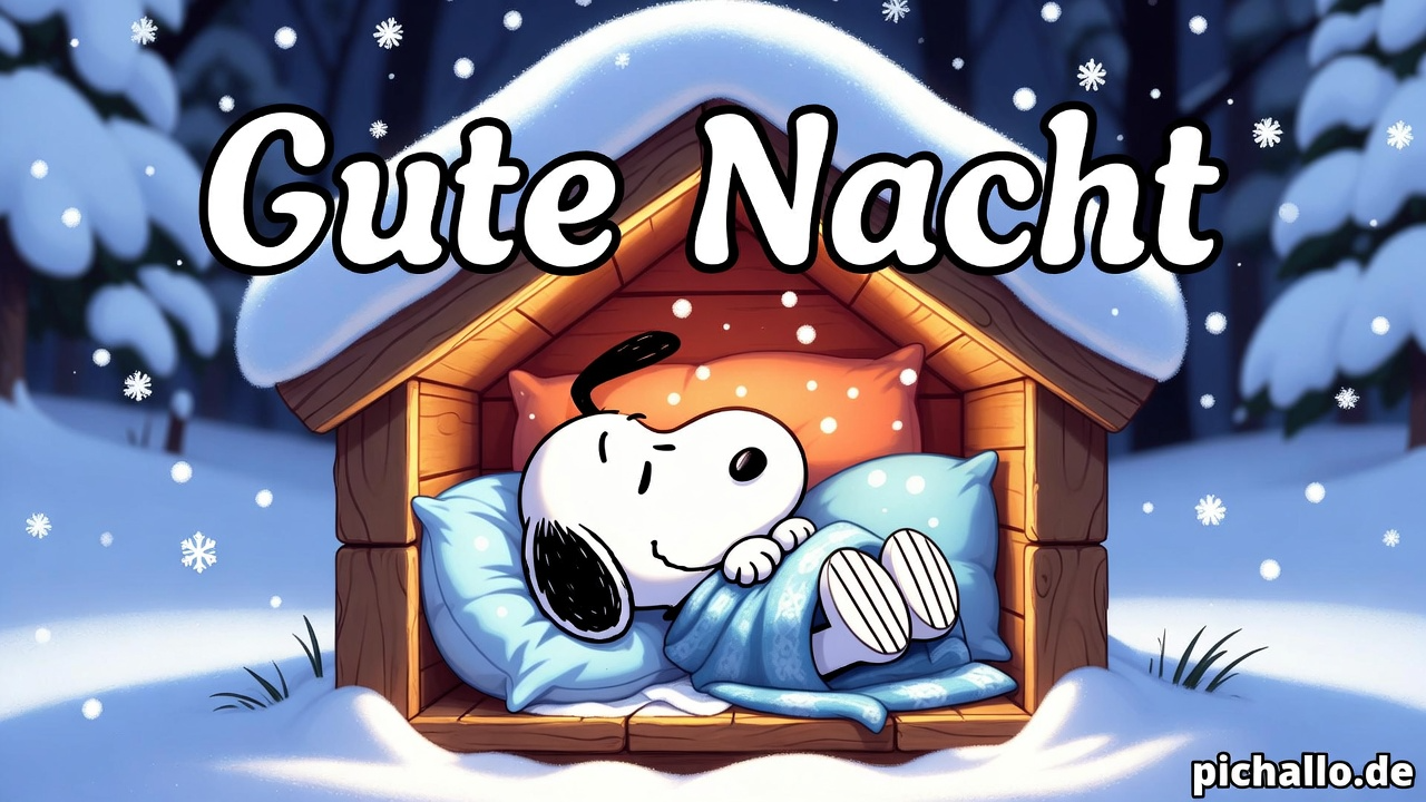 Gemütliche Snoopy im Schneehaus mit Decke Gute Nacht Bilder