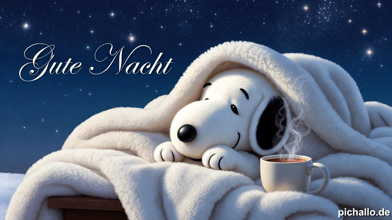 Gemütliche Snoopy mit Kakao und Decken Gute Nacht Bilder