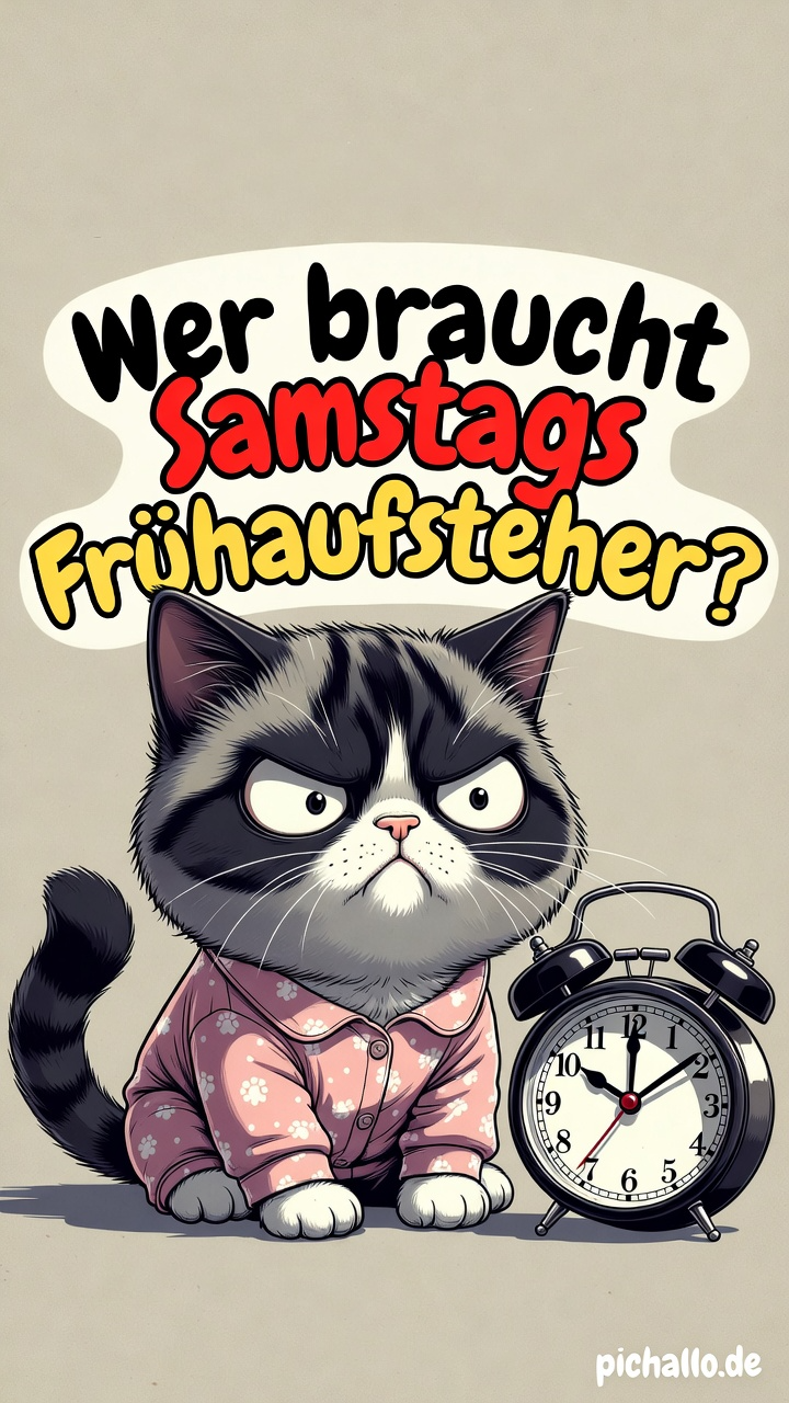 Grantiger Kater im Schlafanzug Samstag Morgen