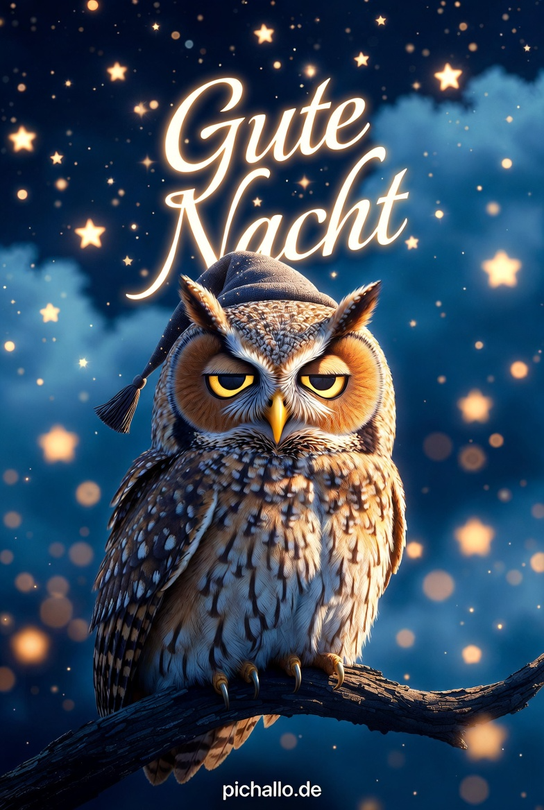 Gute Nacht Bilder Eule mit Schlafmütze