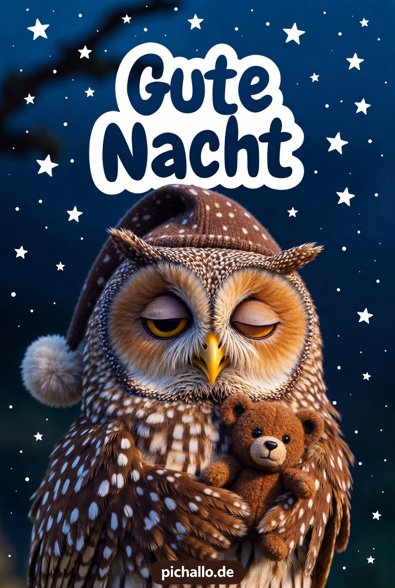 Gute Nacht Bilder Eule mit Teddybär