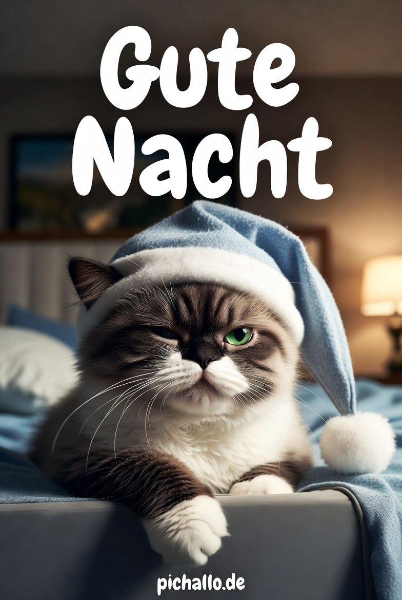 Gute Nacht Bilder Katze mit Schlafmütze