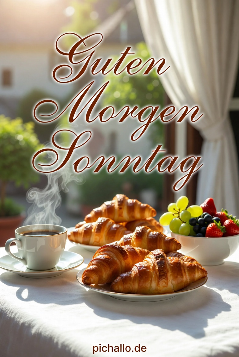 Luxuriöses Sonntagsfrühstück mit Croissants Guten Morgen Sonntag Bilder Mô tả: Reichhaltiges Sonntagsfrühstück mit frischen Croissants, Früchten und dampfender Kaffeetasse auf weißer Tischwäsche.