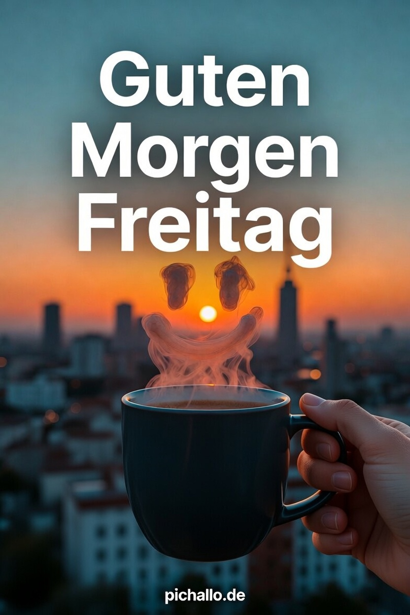 Hand mit Freitags-Kaffeebecher im Sonnenaufgang