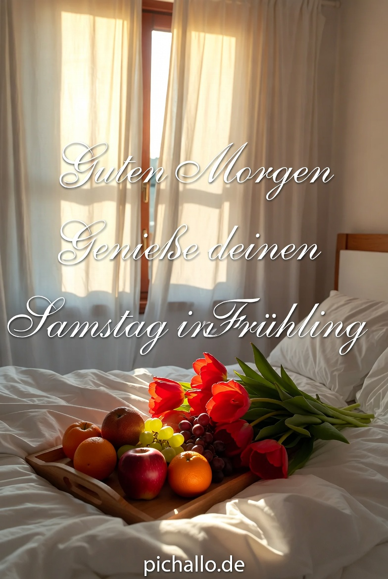 Helles Schlafzimmer mit Tulpen und Morgenlicht