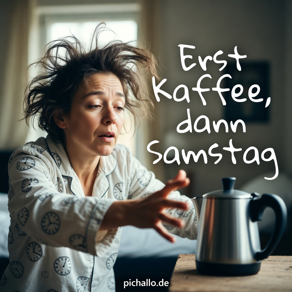 Kaffeekrise mit zerzaustem Haar Samstag Morgen