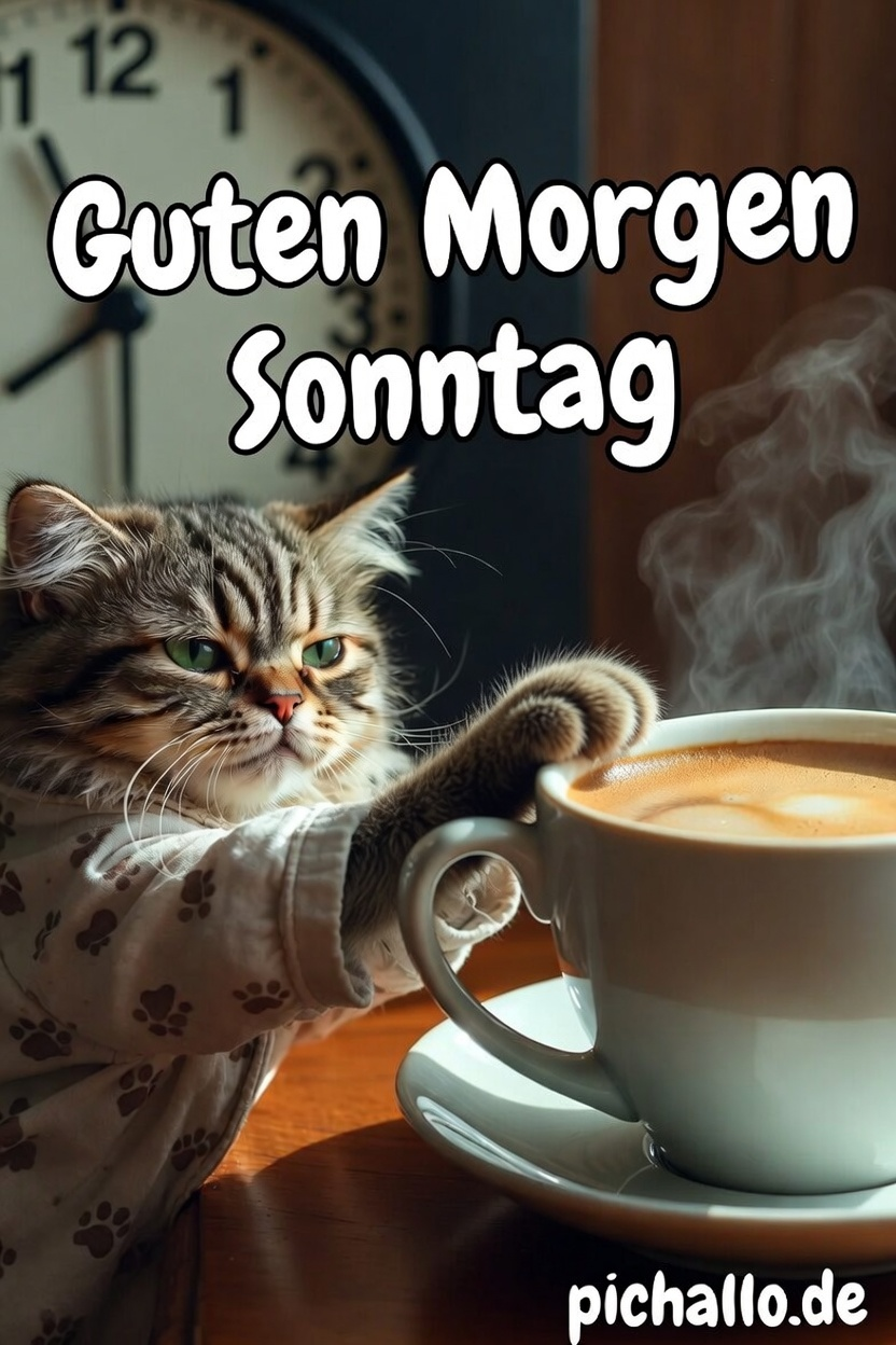 Lustige Katze im Pyjama mit Kaffee Guten Morgen Sonntag Bilder