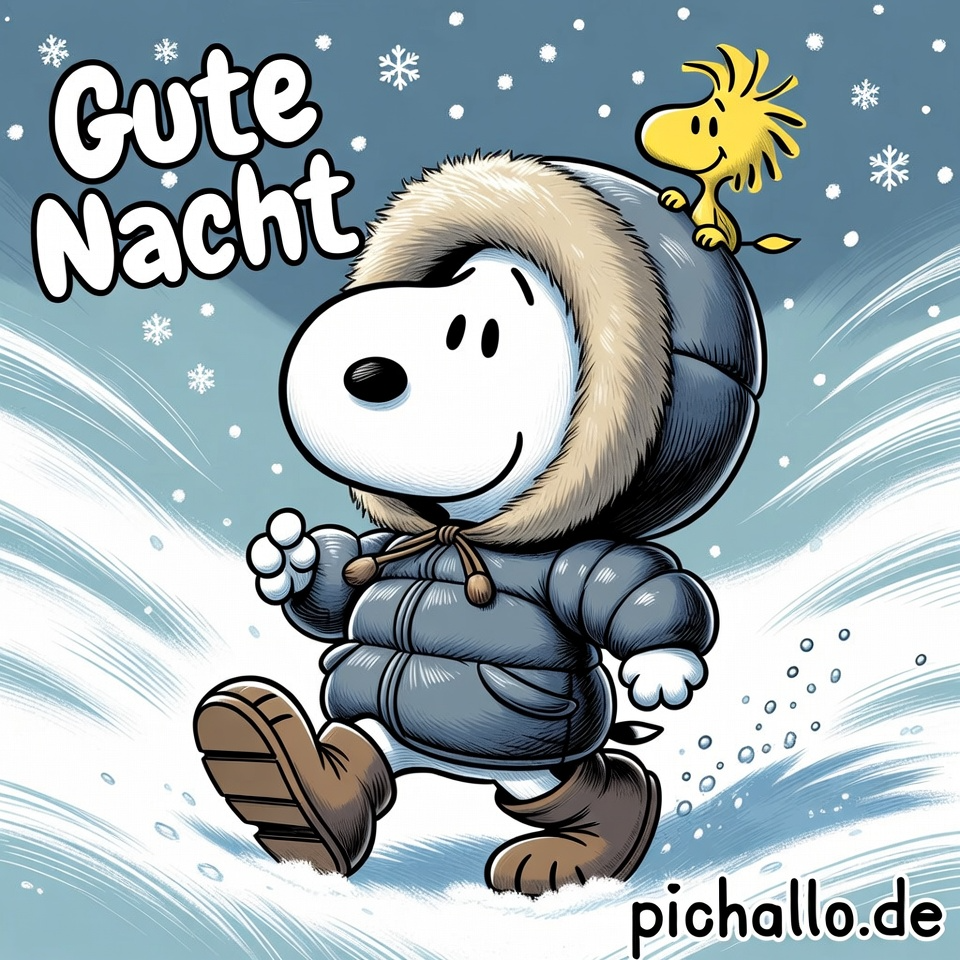 Lustige Snoopy mit Übergrößer Winterkleidung Gute Nacht Bilder