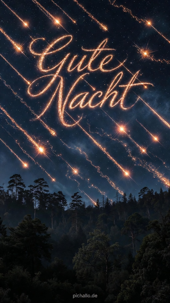 Märchenhafte Gute Nacht Bilder mit Sternschnuppen über Wald