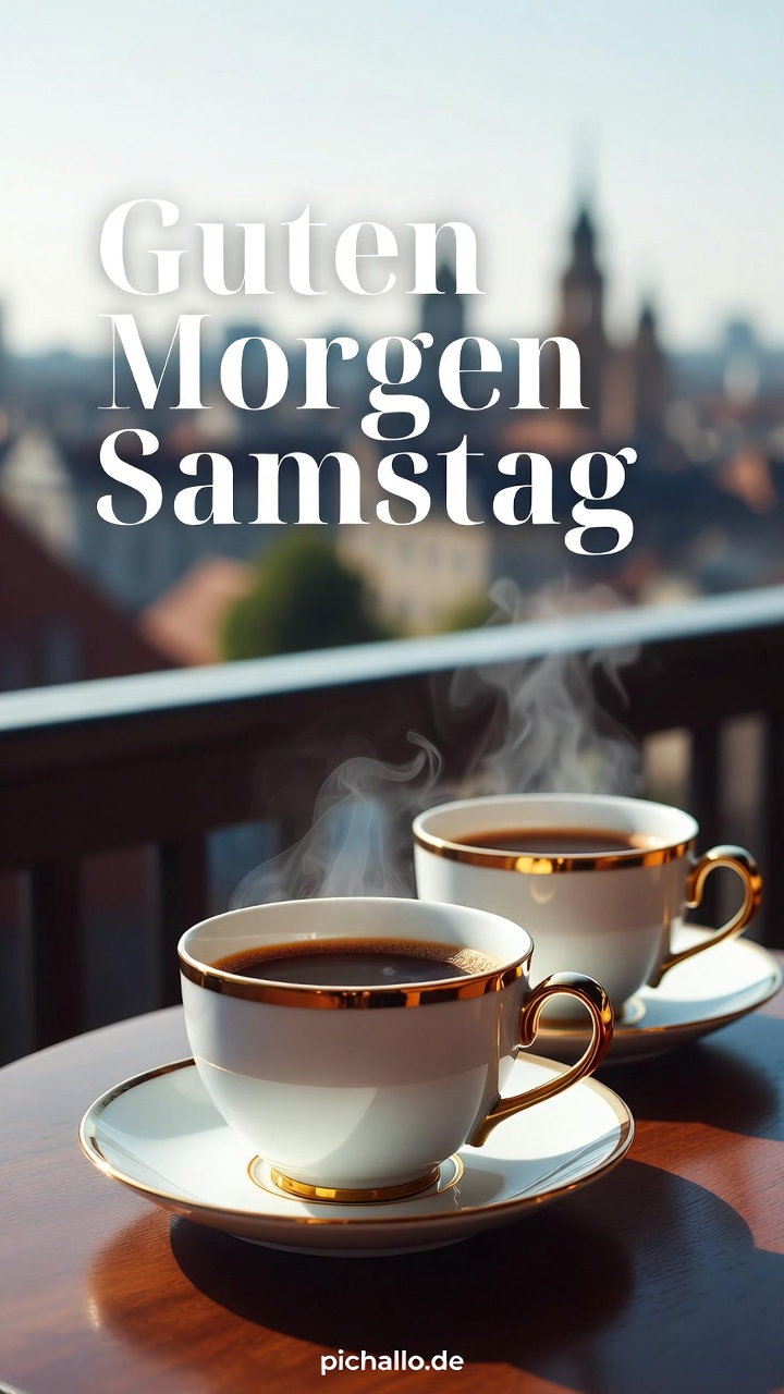Morgenkaffee auf dem Balkon mit Stadtblick Guten Morgen Samstag