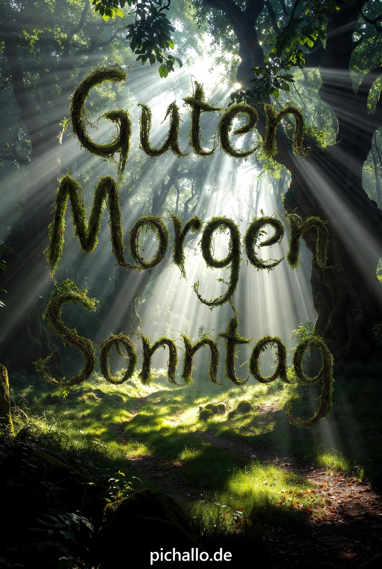 Mystischer Waldweg mit Lichtstrahlen Guten Morgen Sonntag Bilder