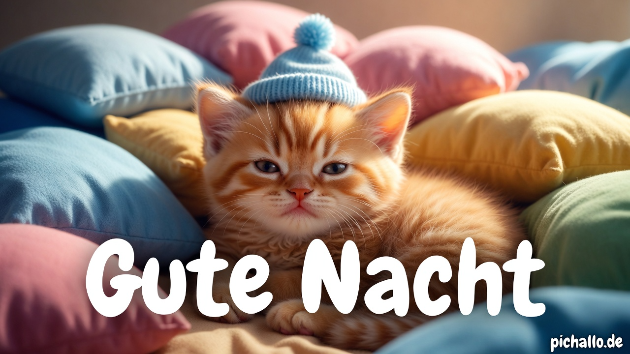 Niedliche Gute Nacht Bilder mit Kätzchen in blauer Schlafmütze