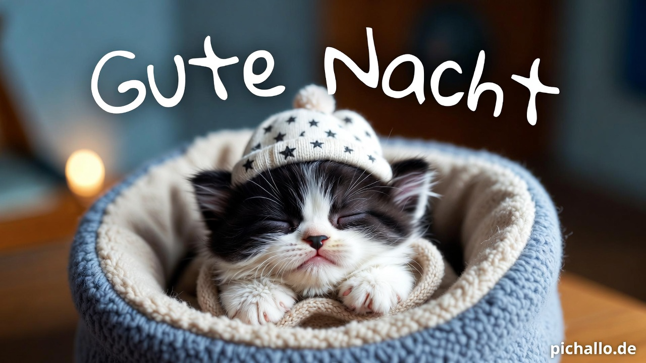 Niedliche Gute Nacht Bilder mit Kätzchen und Sternenmütze