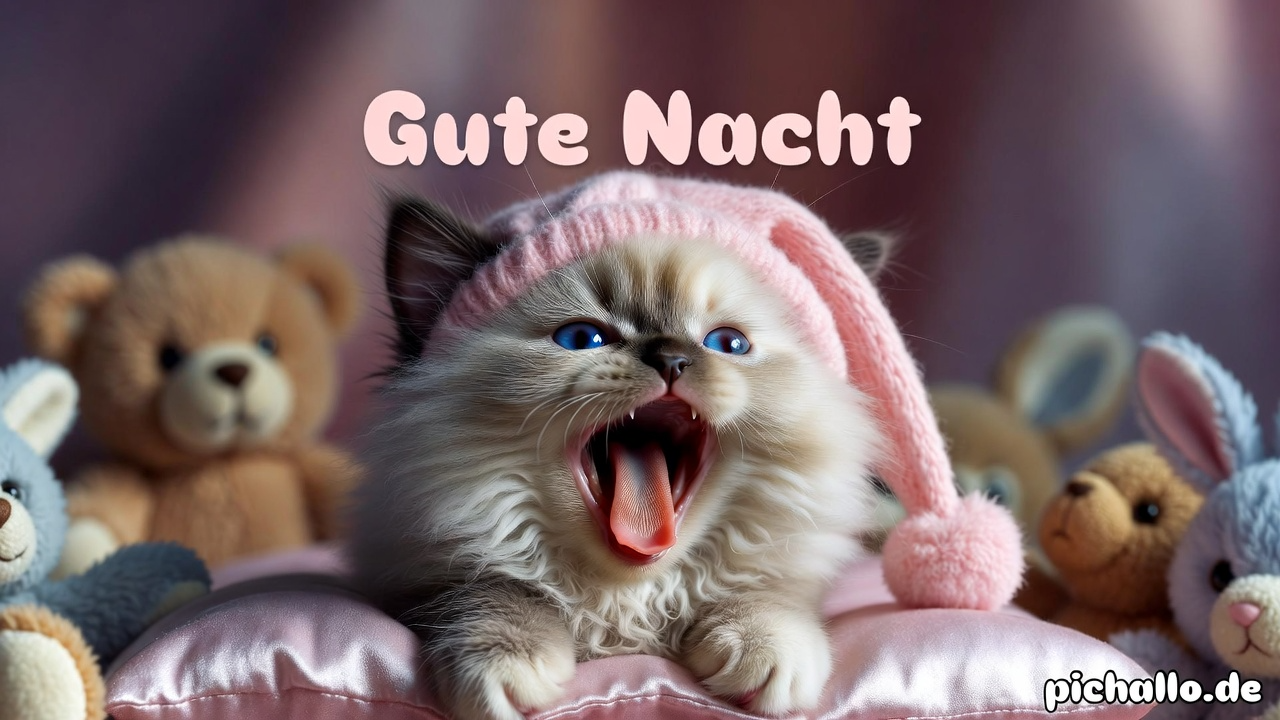Niedliche Gute Nacht Bilder mit Ragdoll Kätzchen in rosa Mütze
