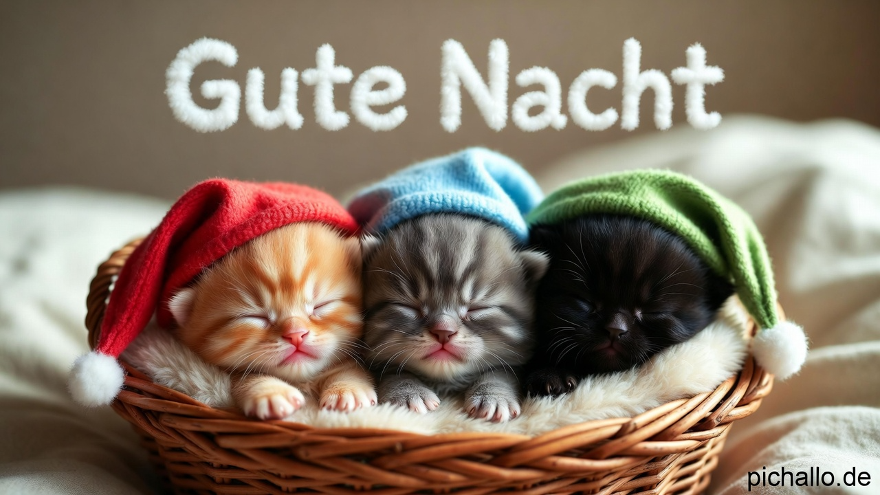 Niedliche Gute Nacht Bilder mit drei Kätzchen und Schlafmützen