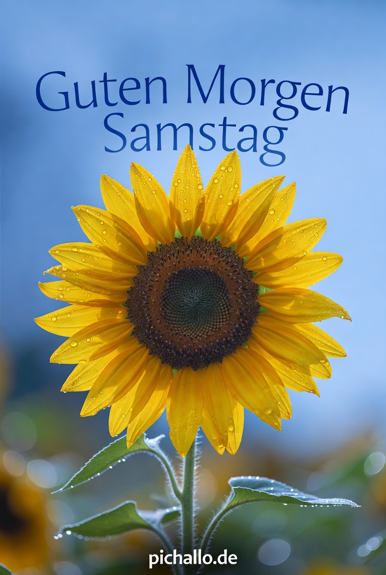 Perfekte Sonnenblume mit Tautropfen Guten Morgen Samstag