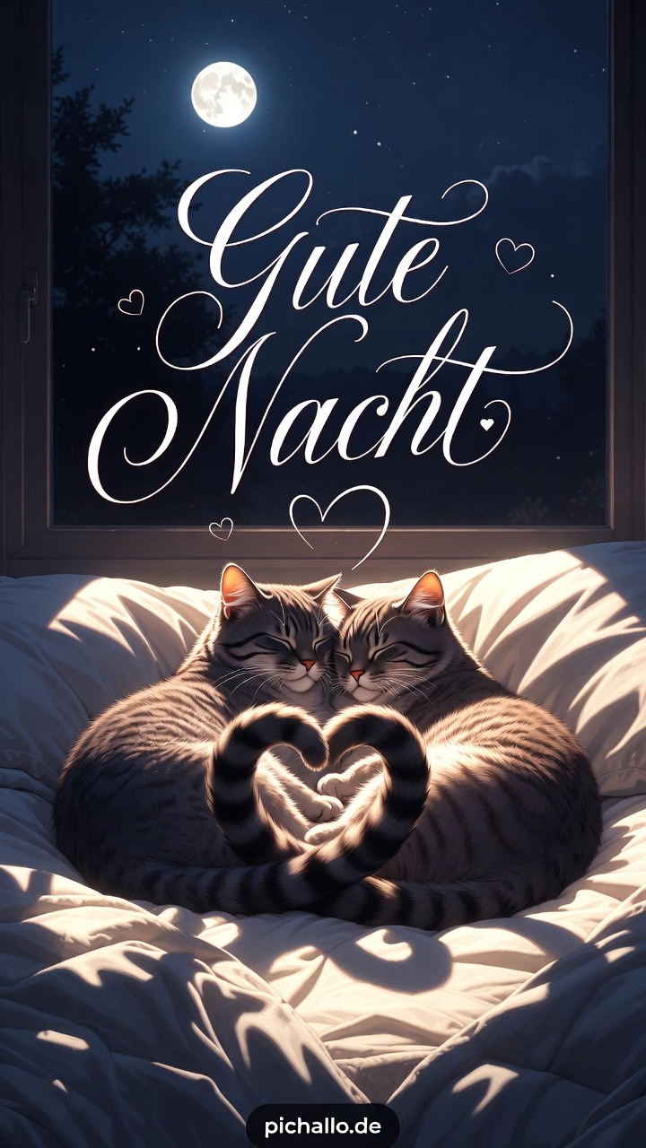 Romantische Gute Nacht Bilder mit Katzenpaar Herzschwänze