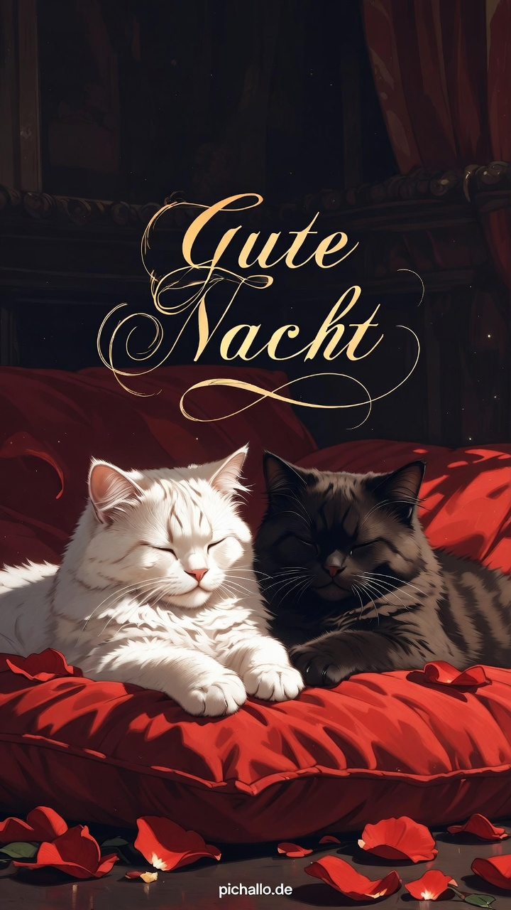 Romantische Gute Nacht Bilder mit Katzenpaar und Rosenblättern