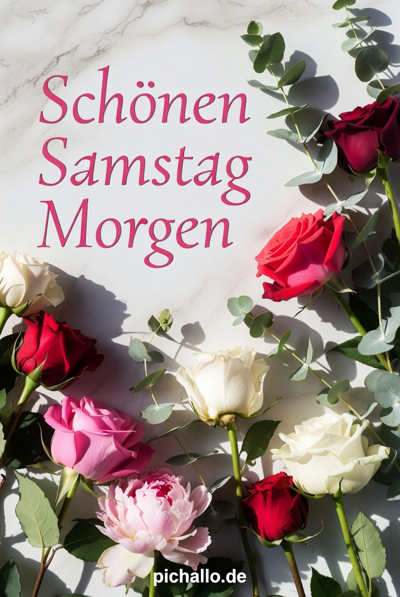 Romantischer Blumen Flat Lay mit Rosen und Pfingstrosen Samstag Morgen