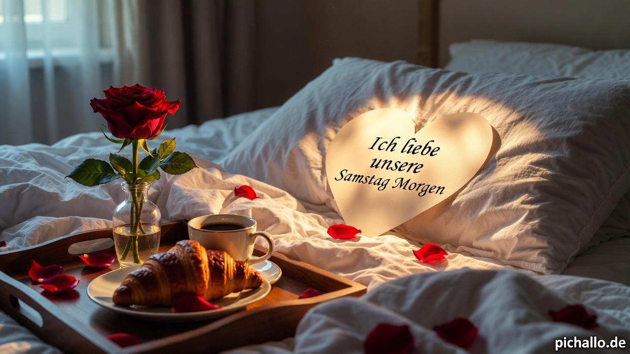 Romantisches Bett mit Rosenblättern Samstag Morgen