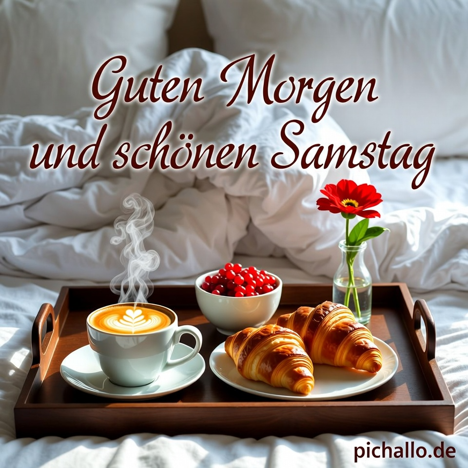 Romantisches Frühstückstablett im Bett Samstag Morgen