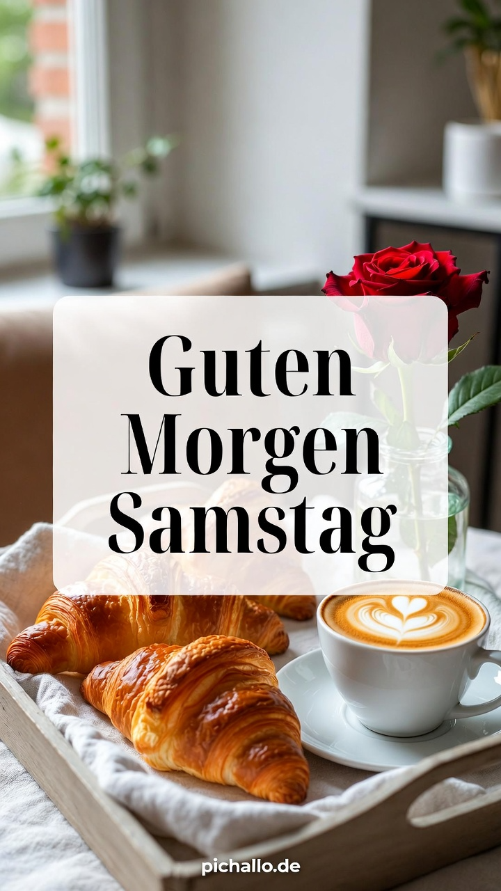 Romantisches Frühstückstablett mit Croissants Guten Morgen Samstag