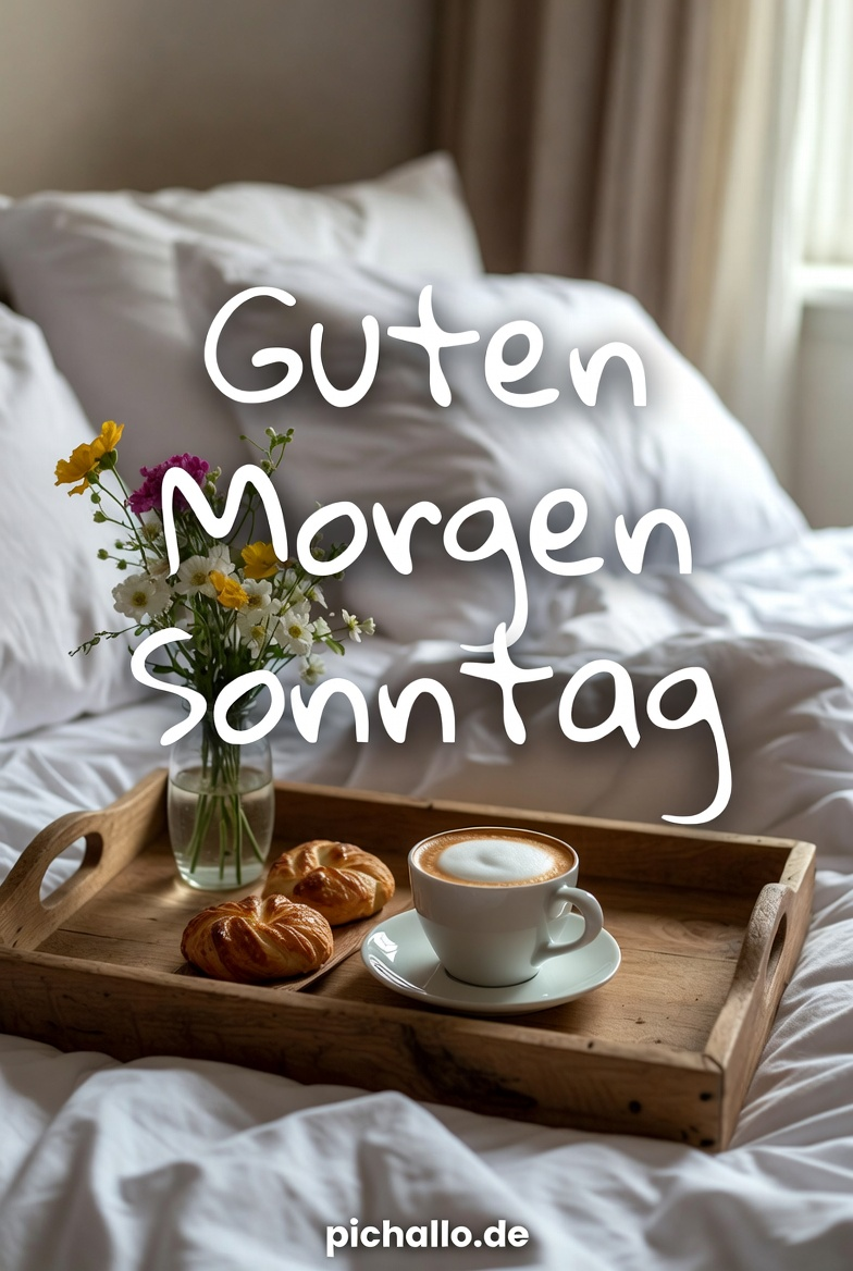 Rustikales Holztablett mit Cappuccino Guten Morgen Sonntag Bilder