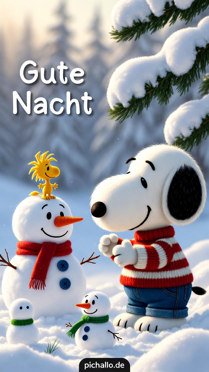 Snoopy und Woodstock Schneemann Familie Gute Nacht Bilder