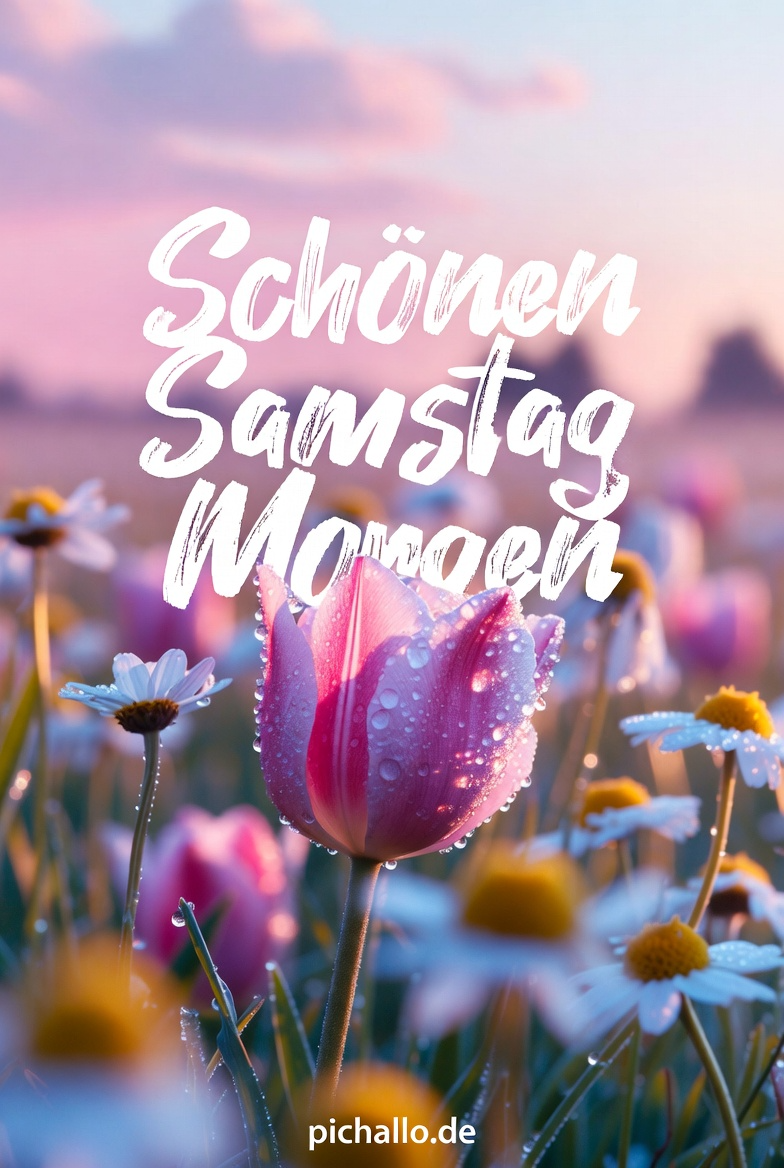 Taufrische Tulpen und Gänseblümchen Samstag Morgen