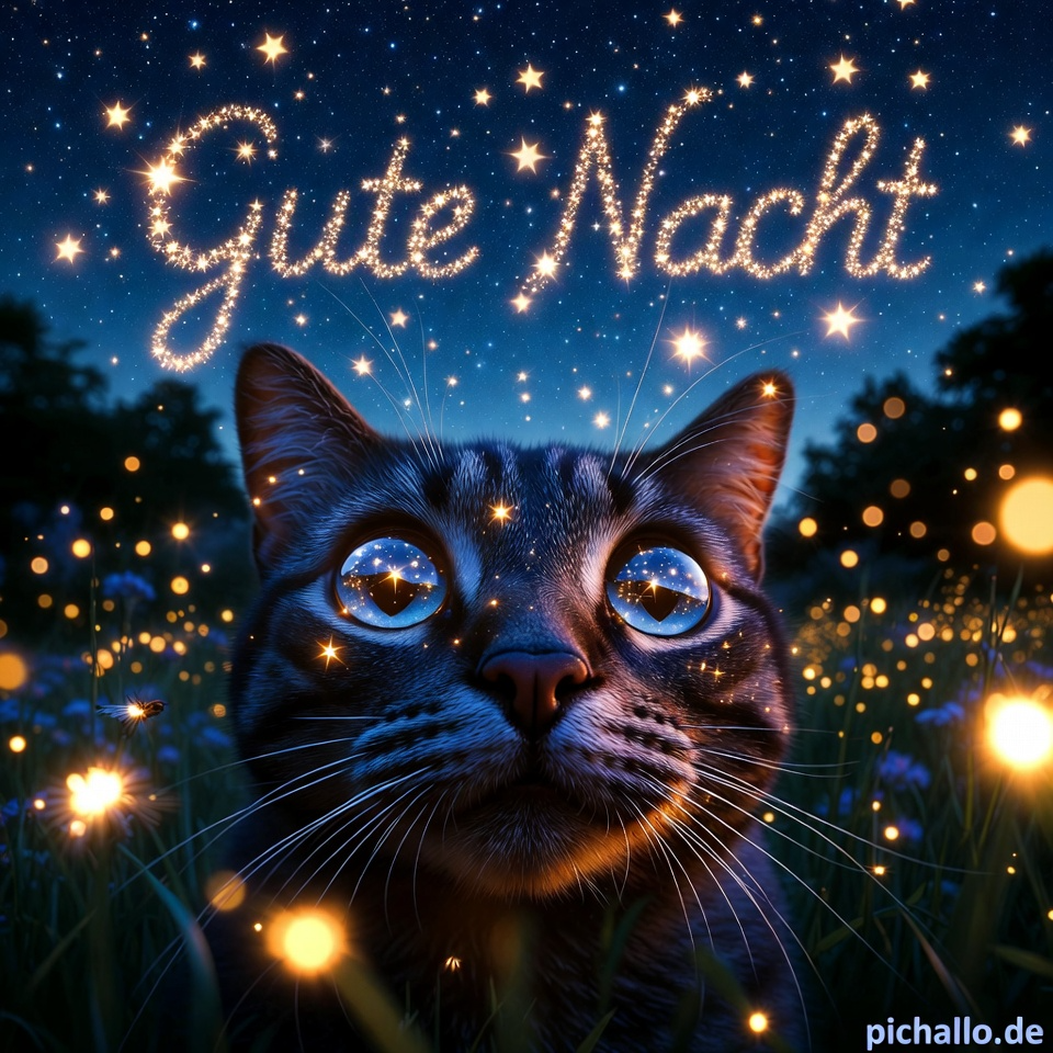 Träumende Gute Nacht Bilder mit Katze und Glühwürmchen