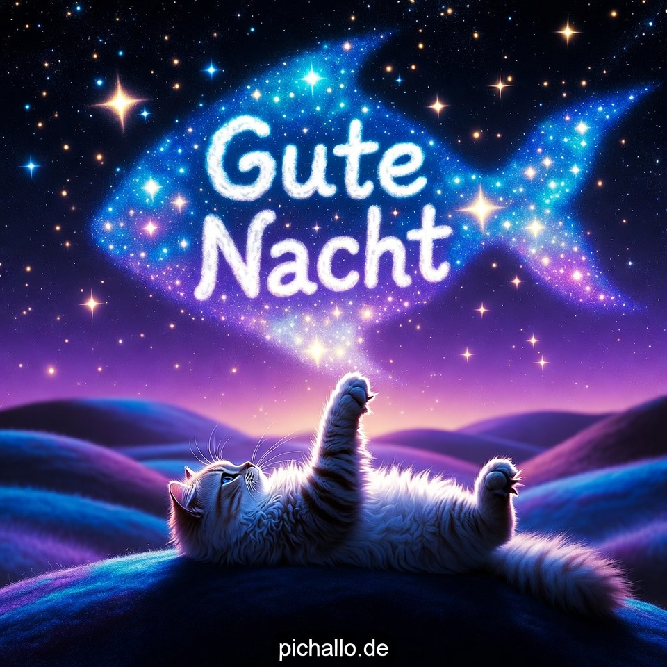Träumende Gute Nacht Bilder mit Katze und Sternenfisch
