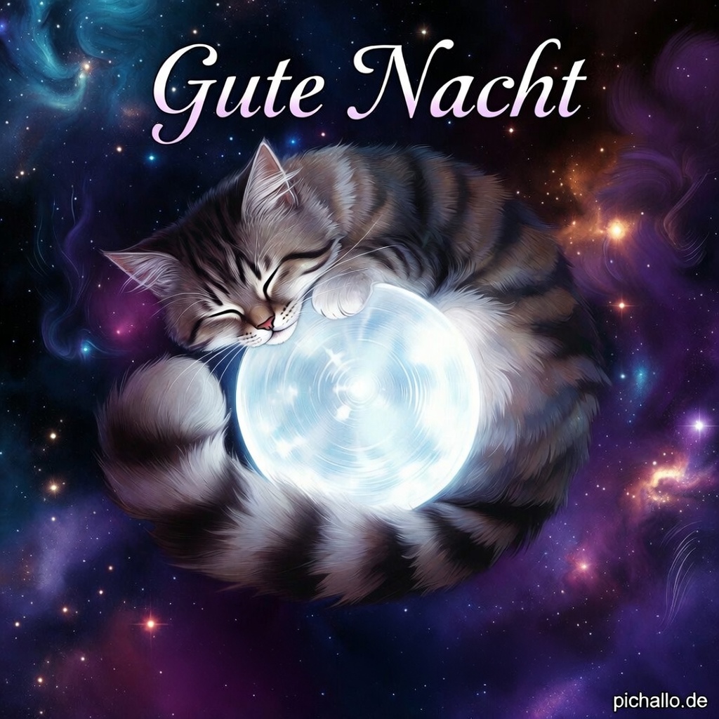 Träumende Gute Nacht Bilder mit Katze und Vollmond