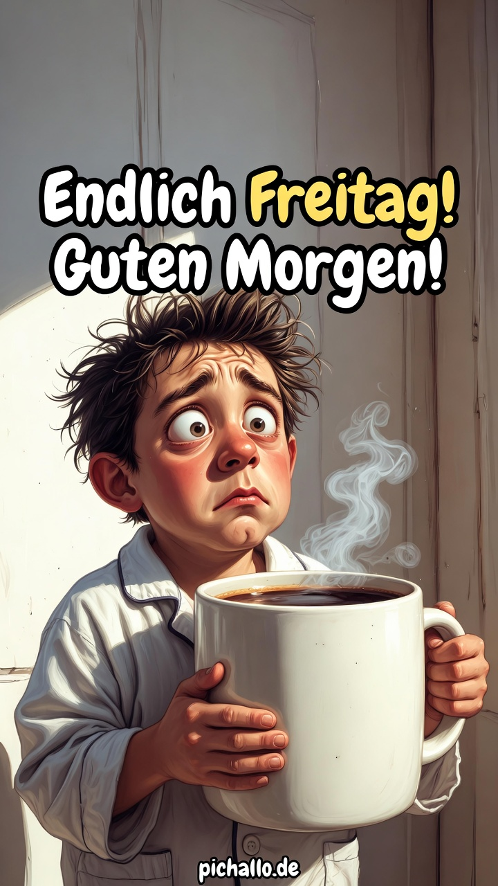 Übermüdeter Cartoon-Charakter mit Riesen-Kaffee