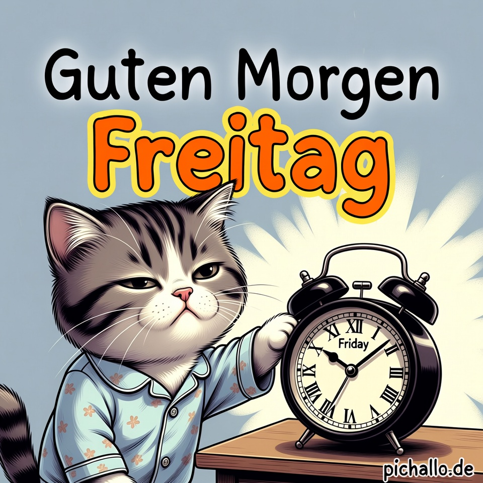 Verschlafene Katze im Pyjama begrüßt den Freitag