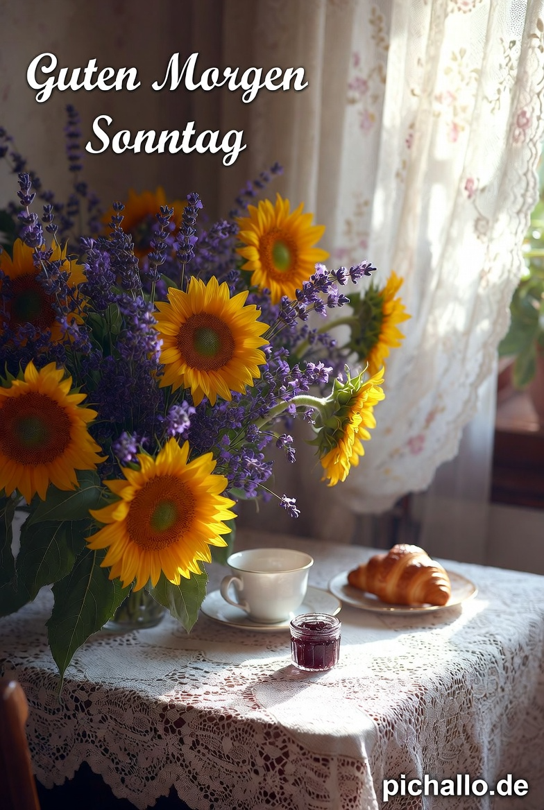 Vintage Frühstückstisch mit Sonnenblumen Guten Morgen Sonntag Bilder