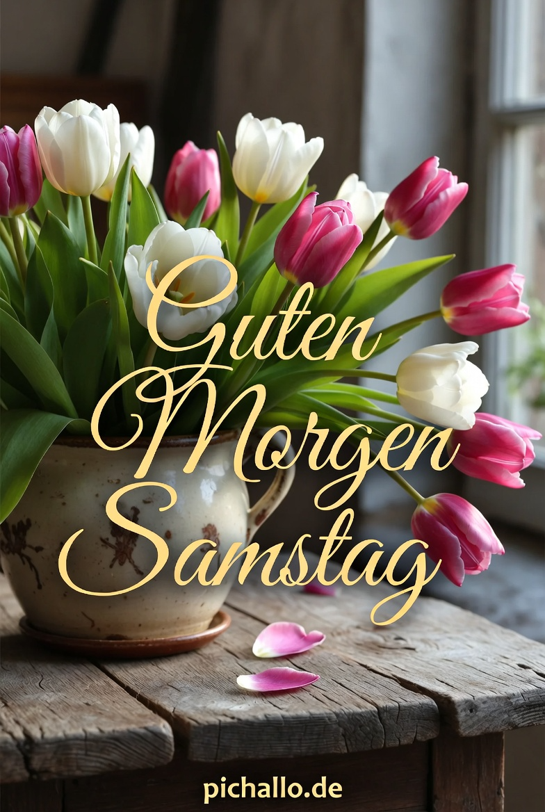 Weiße und rosa Tulpen in einer Vintage Vase Romantisch Guten Morgen Samstag
